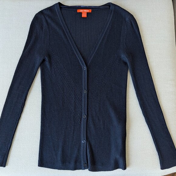 *2/$20* JOE FRESH Navy Fine Knit, Sheer V-Neck Cardigan, Size XS - Picture 2 of 9